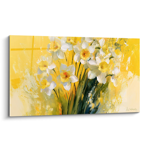 Tableau Jonquilles blanches et jaunes sur fond jaune vif - Croisillon de fenêtre - Edition Jonquille