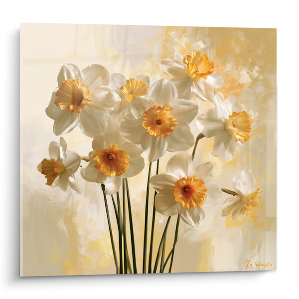Tableau Jonquilles blanches et corolles safranées éclatantes - Tiges vertes fines - Edition Jonquille