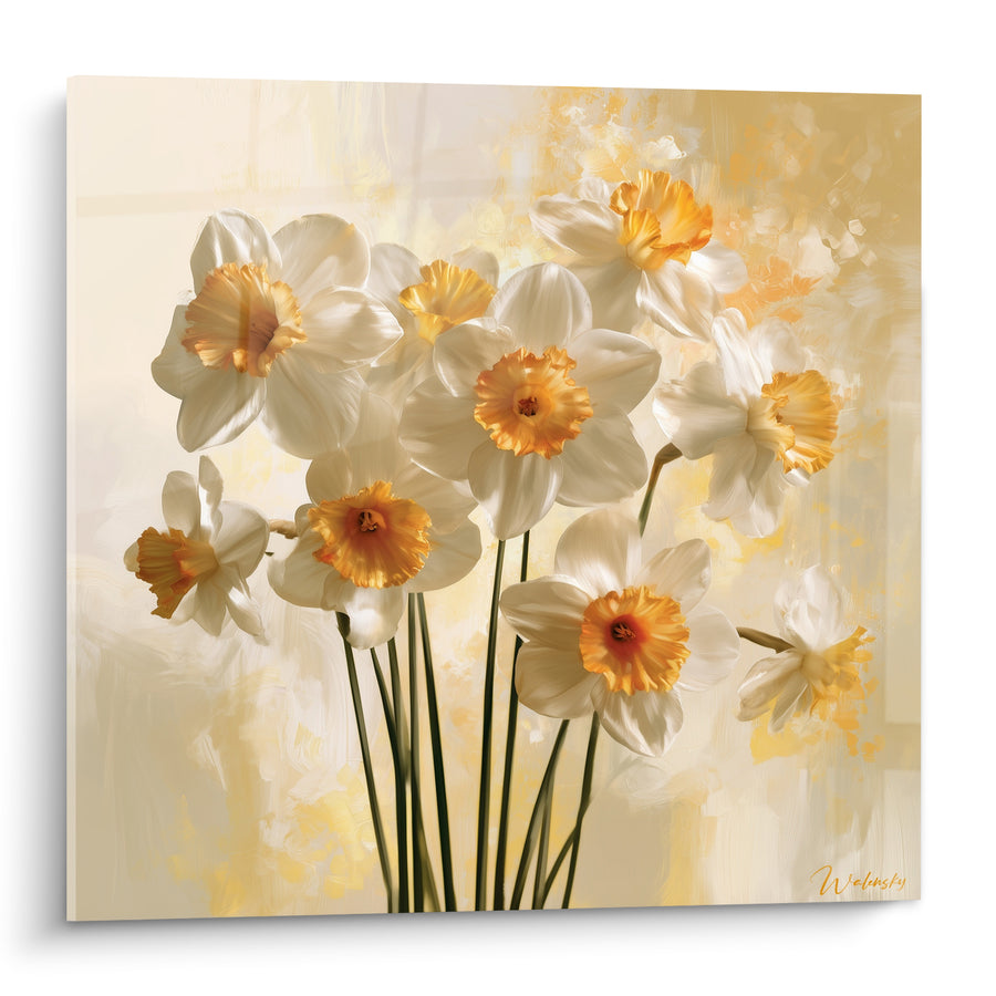 Tableau Jonquilles blanches et corolles safranées éclatantes - Tiges vertes fines - Edition Jonquille