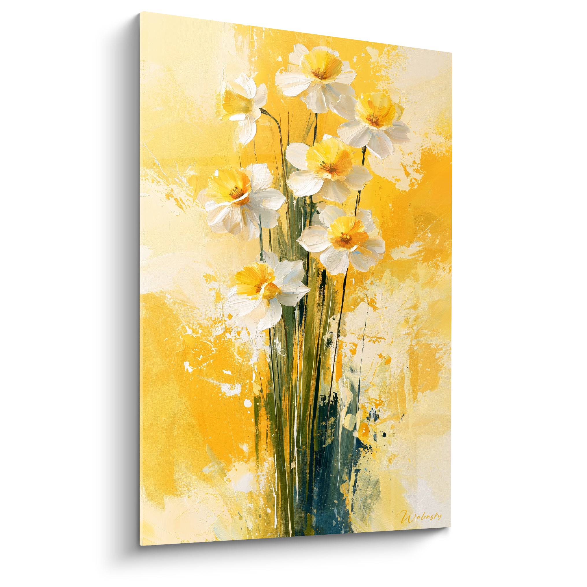 Jonquilles blanches aux cœurs jaune doré peintes sur fond texturé jaune vif et crème