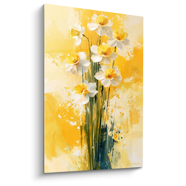 Tableau Jonquilles blanches et jaunes sur fond safran fluide - Coulées bleu pétrole - Edition Jonquille