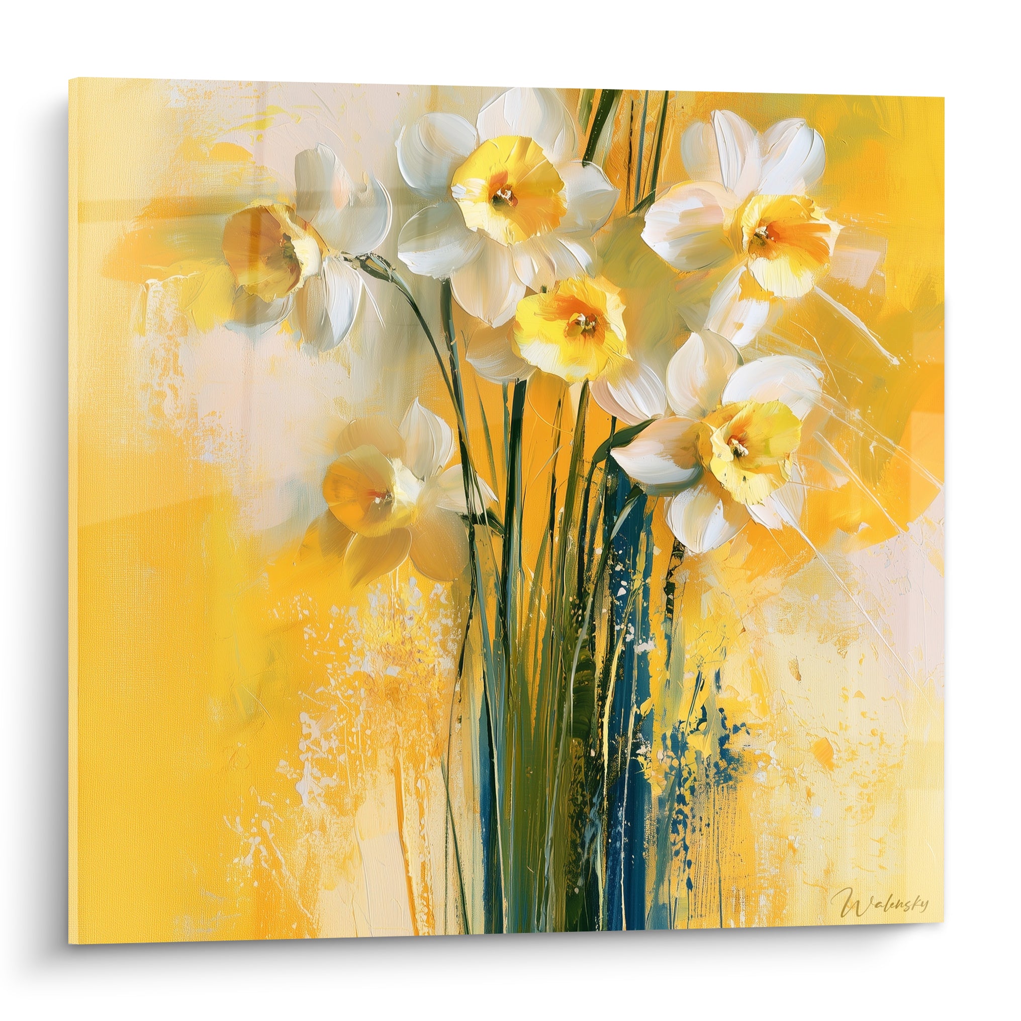 Jonquilles blanches aux cœurs orangés peintes sur fond jaune doré et texturé