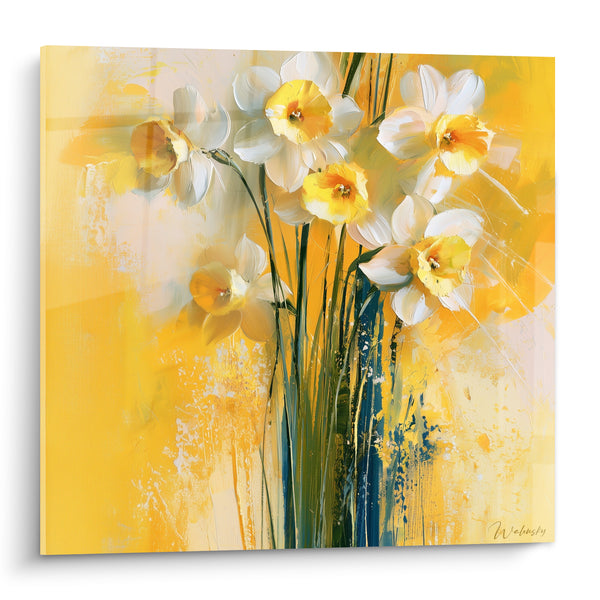 Tableau Jonquilles blanches et jaunes sur fond safran - Coulures bleu pétrole - Edition Jonquille