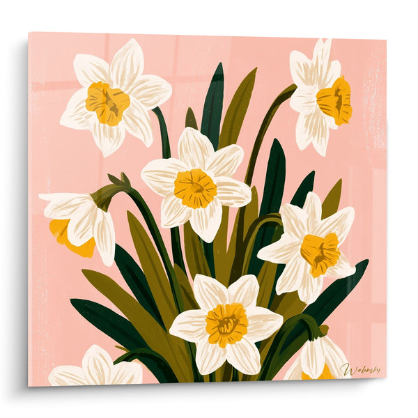 Tableau Jonquilles blanches et roses aux longues feuilles vertes - Bouquet dressé compact - Edition Jonquille