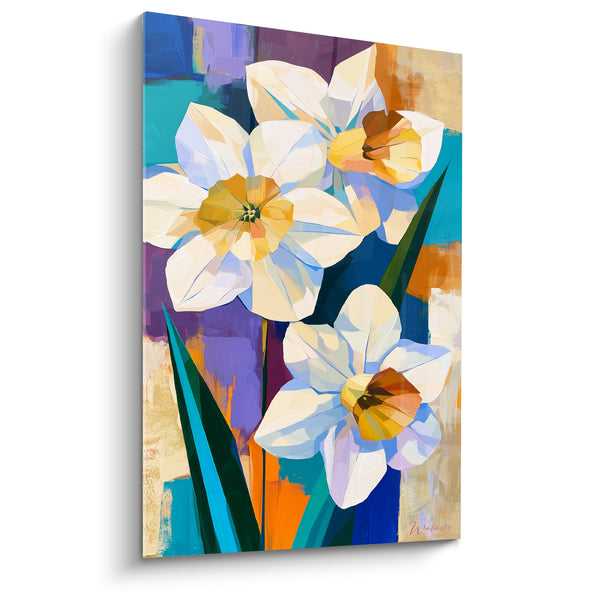 Tableau Jonquilles blanches et turquoise aux facettes géométriques colorées - Fond violet et orangé - Edition Jonquille