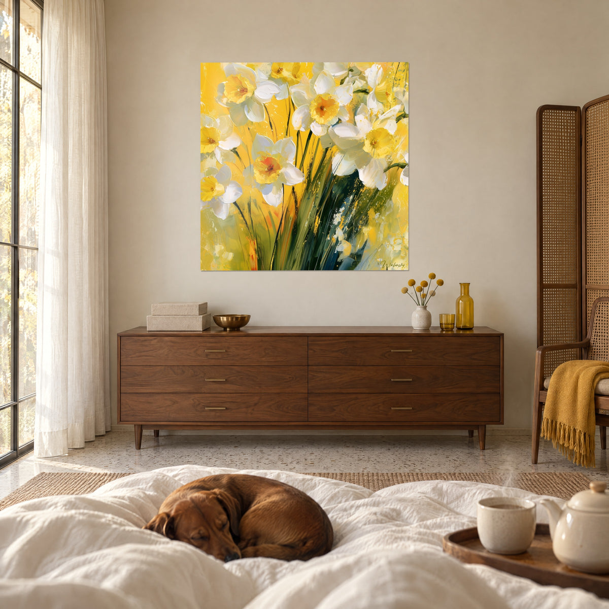 Cuadro narcisos de blanco cremoso con corazones anaranjados sobre fondo soleado, tallos esmeralda, encima de una cama en un dormitorio luminoso