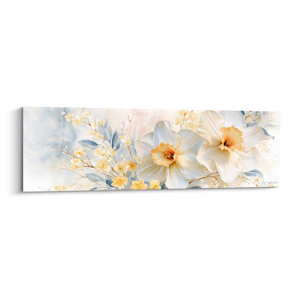 Tableau Jonquilles blanches et jaune pâle près de fleurettes en bourgeons - Rameaux fleuris latéraux - Edition Jonquille