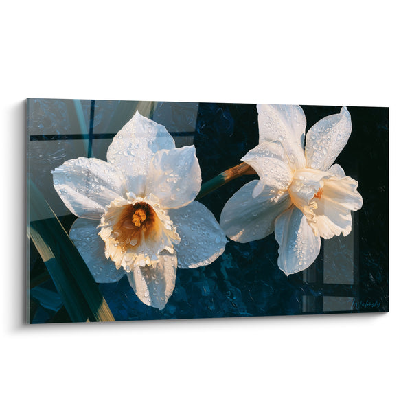 Tableau Jonquilles blanches perlées sur fond bleu marine - Rosée matinale - Edition Jonquille