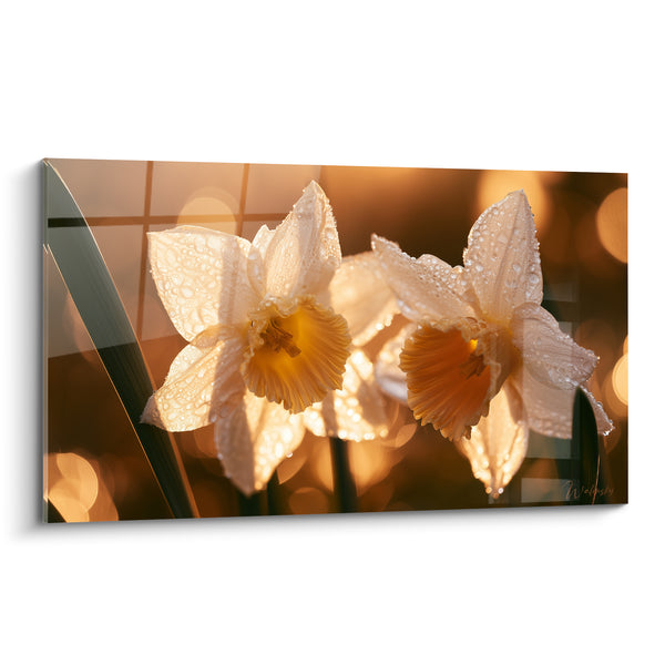 Tableau Jonquilles blanches et gouttes dorées - Rosée du matin - Edition Jonquille