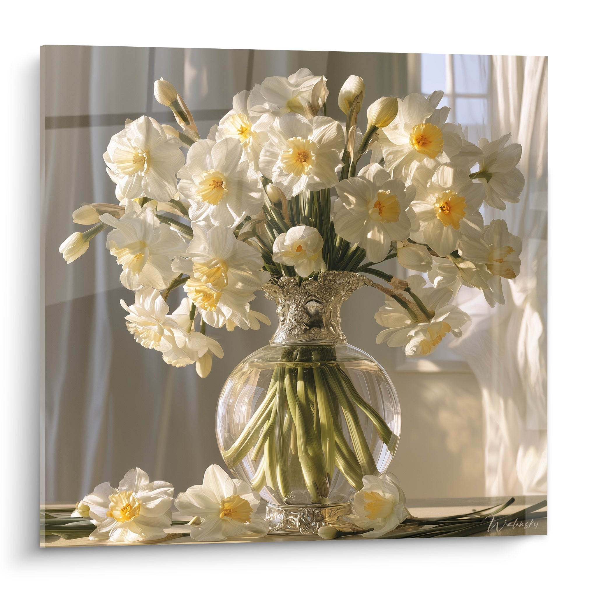 Jonquilles blanches aux cœurs dorés dans un vase argenté, lumière douce et pétales délicats