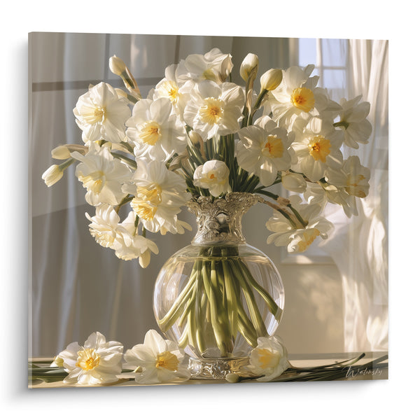 Tableau Bouquet blanc et doré en vase argenté - Lumière du matin - Edition Jonquille