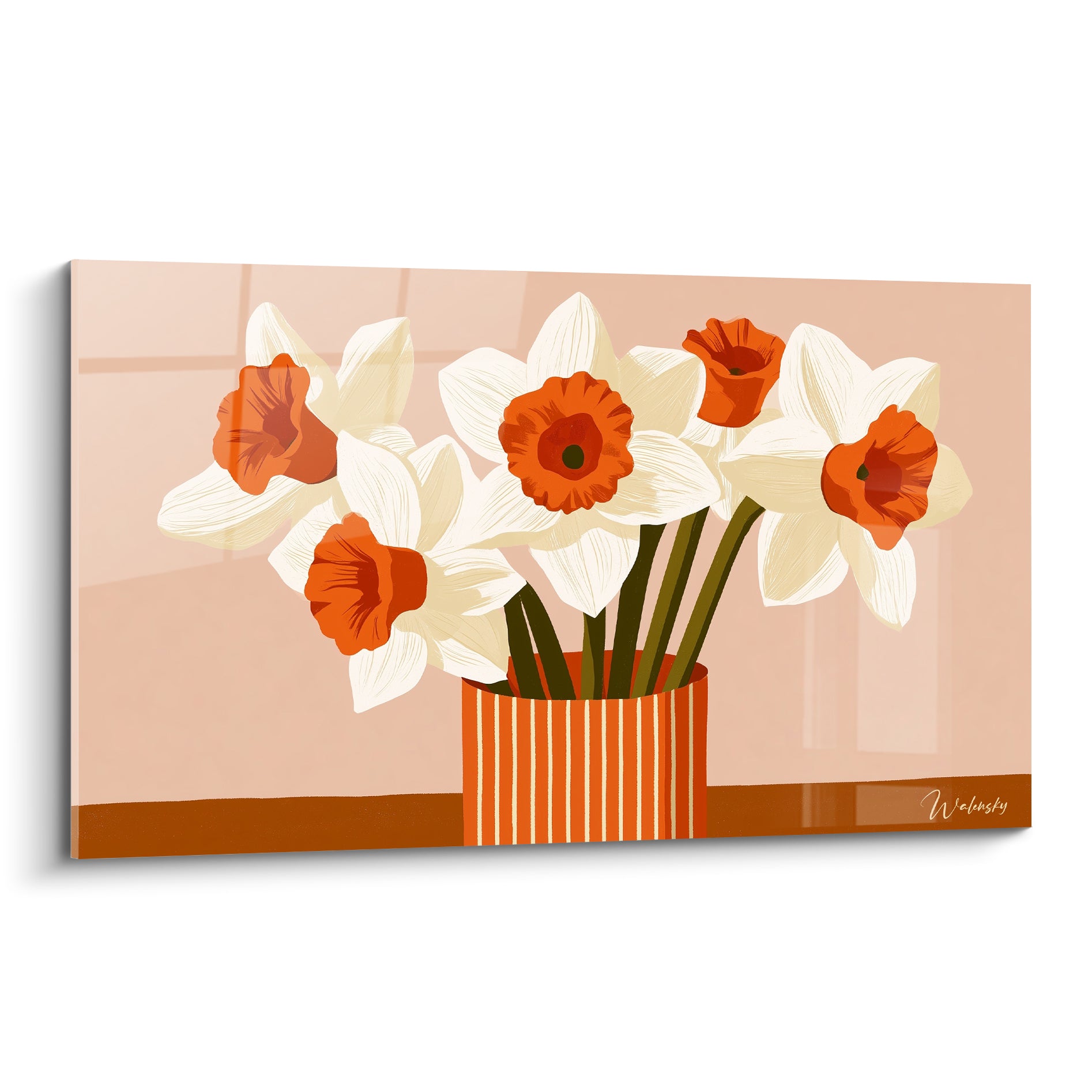 Jonquilles blanches aux cœurs orangés dans un vase rayé terracotta, style illustratif sur fond rosé