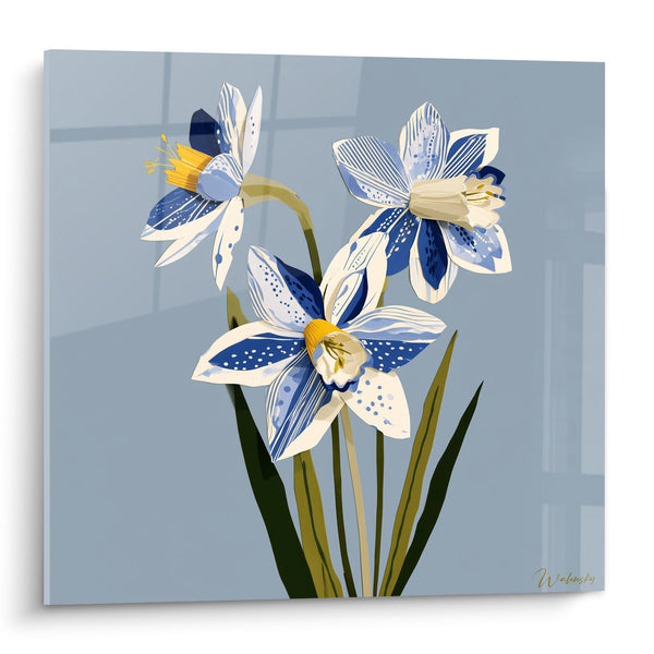 Tableau Jonquilles bleues et blanches aux pétales mouchetés - Trois corolles en éventail - Edition Jonquille