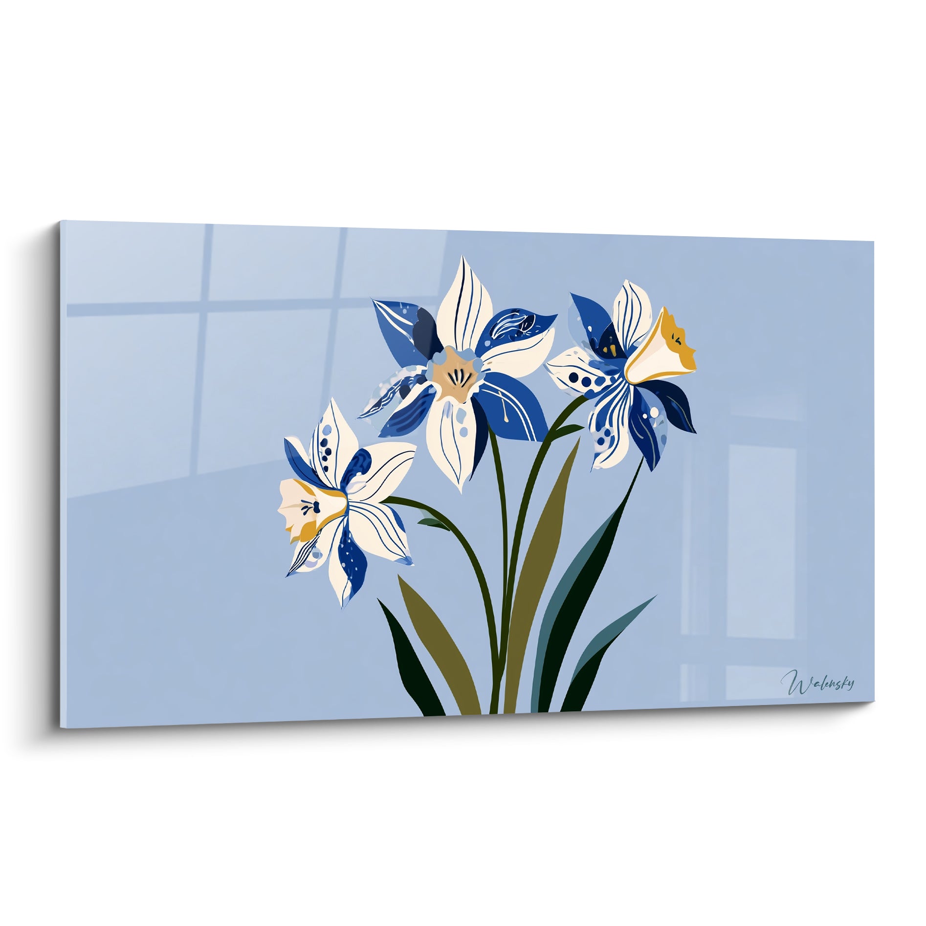Jonquilles bleu marine et blanc ivoire aux cœurs dorés sur fond bleu pastel illustré