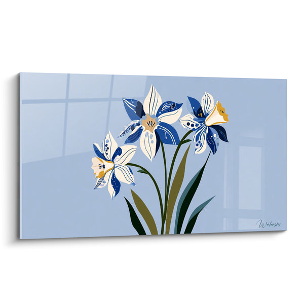 Tableau Jonquilles bleues et blanches aux trompettes safranées - Feuilles vert olive - Edition Jonquille