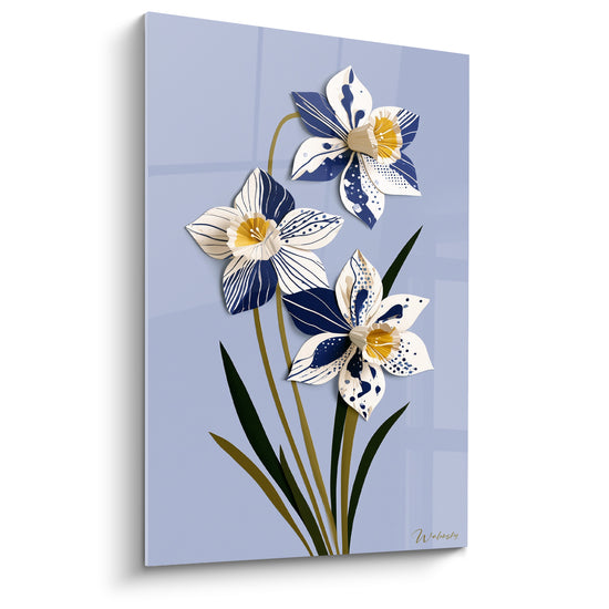 Tableau Jonquilles blanches et bleu marine aux pétales éclaboussés - Trois corolles en papier découpé - Edition Jonquille