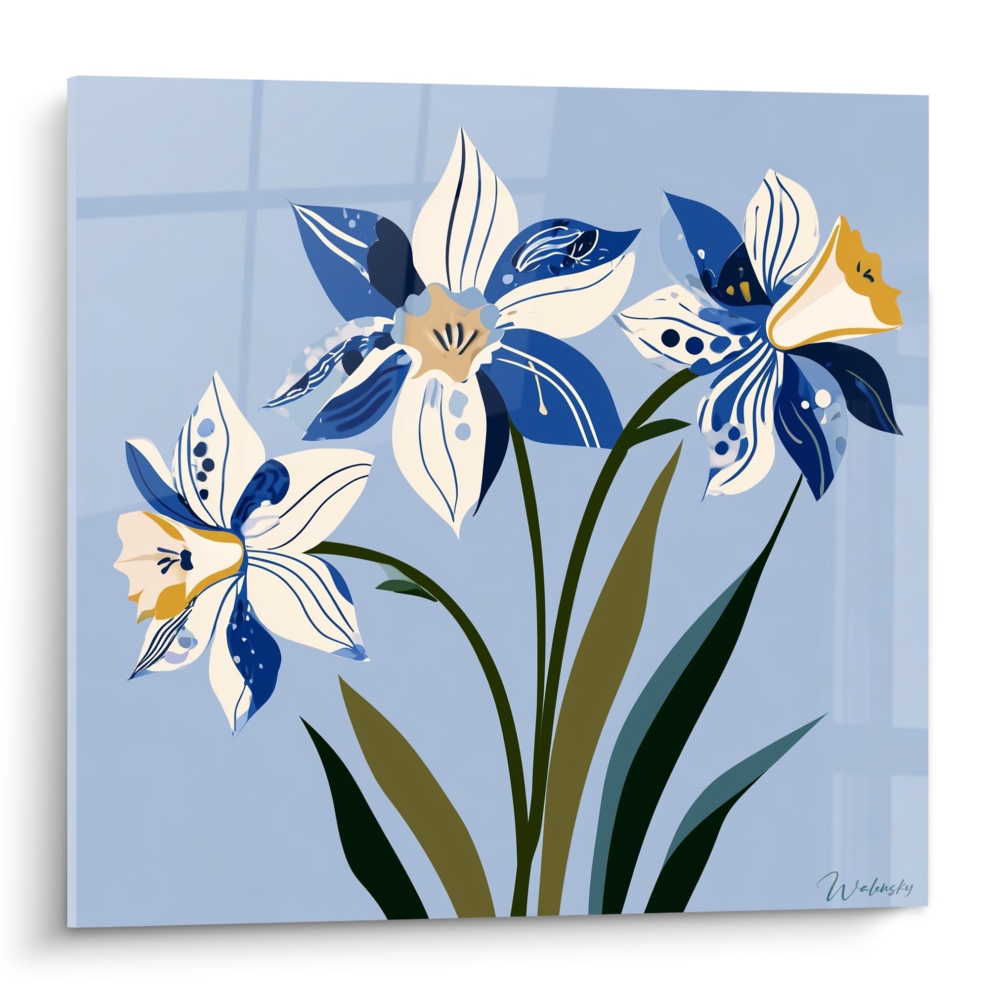 Jonquilles ivoire et bleu marine aux cœurs ocre sur fond bleu pastel, style graphique