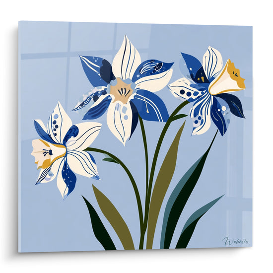 Jonquilles ivoire et bleu marine aux cœurs ocre sur fond bleu pastel, style graphique