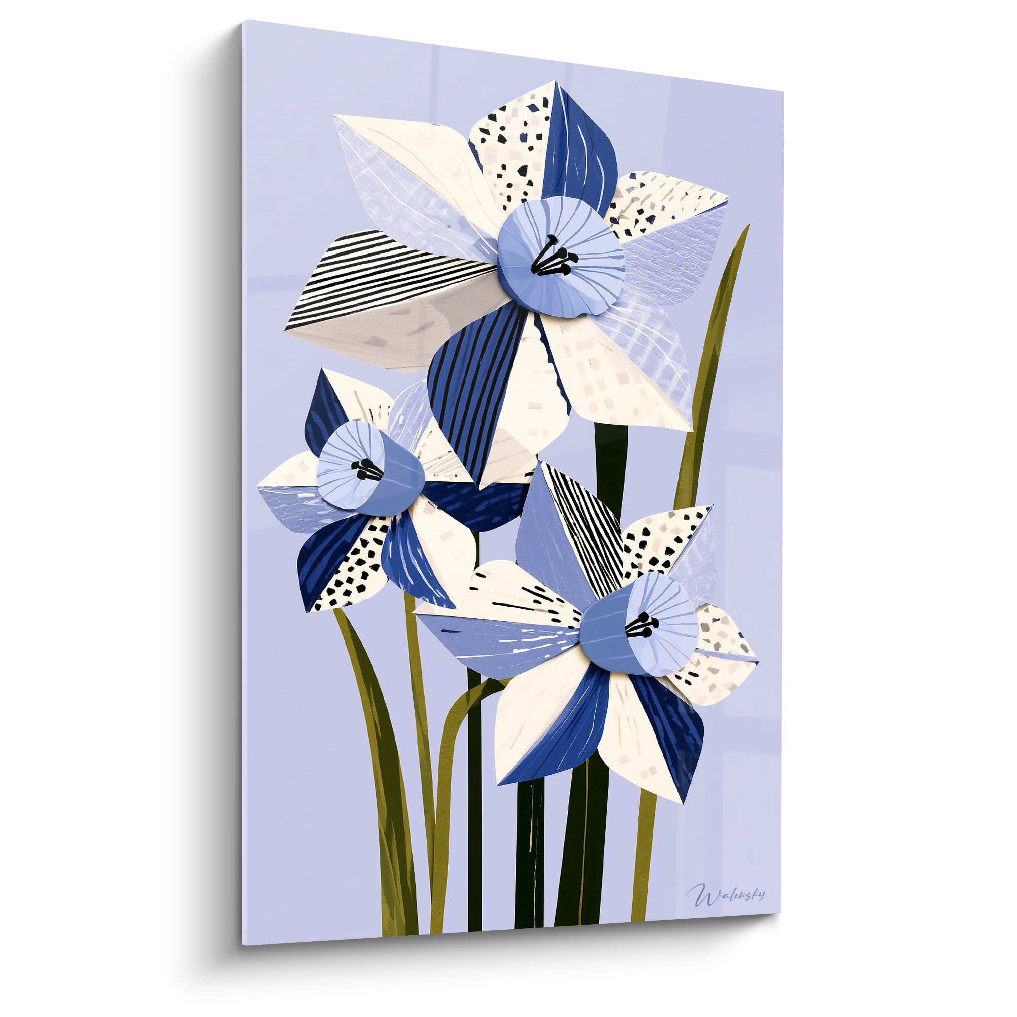 Jonquilles bleu marine et blanc crème aux motifs graphiques sur fond lavande, style collage moderne
