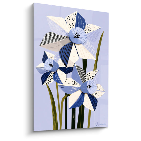 Tableau Jonquilles bleu marine et blanches à pétales rayés - Motifs pois et hachures - Edition Jonquille