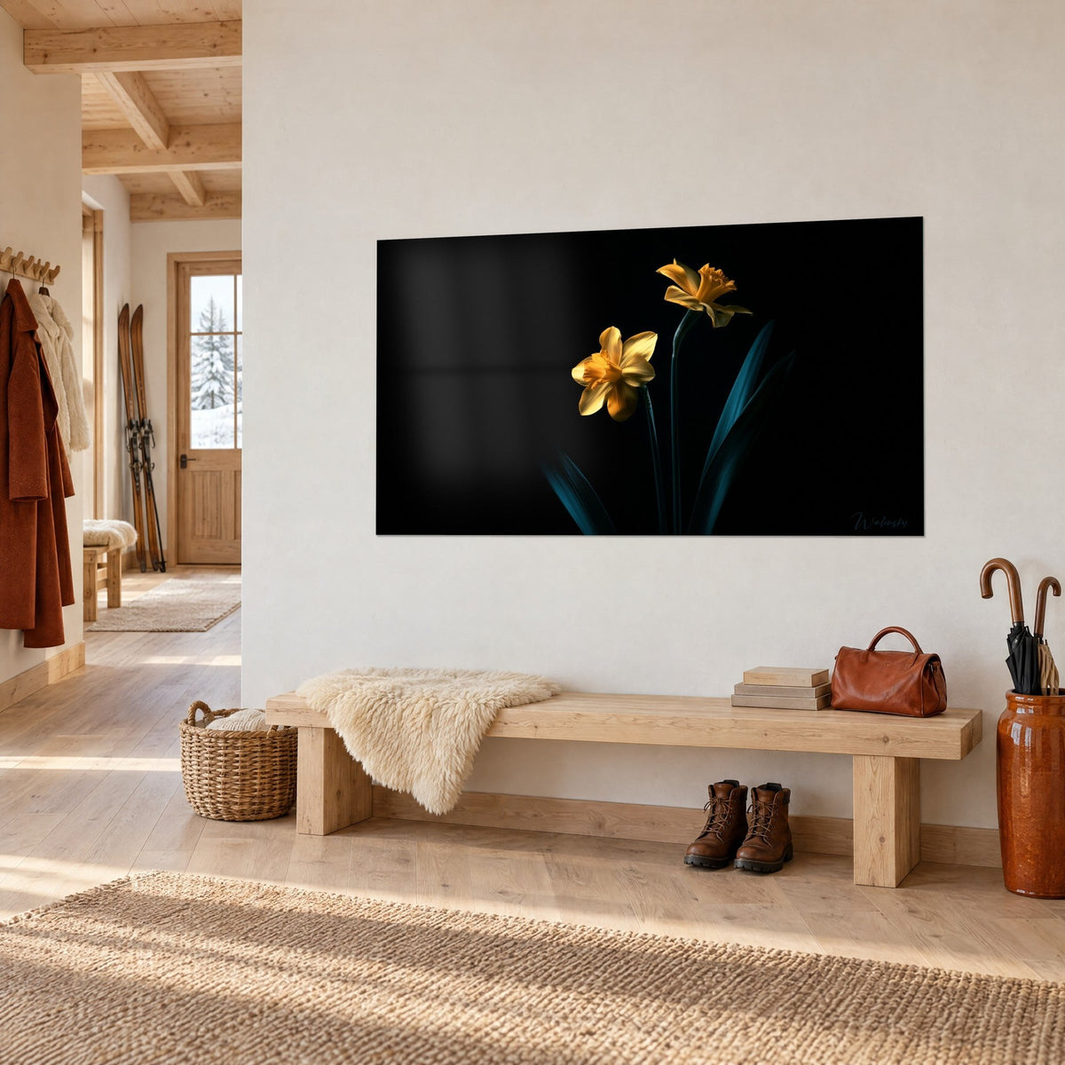 Wall art saffron yellow daffodils with ruffled trumpets, slender dark green stems, on a cream entryway wall of a chalet