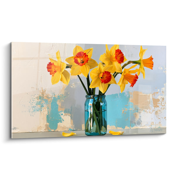 Tableau Bocal turquoise et jonquilles jaunes à trompettes rouges - Pétales tombés sur tablette - Edition Jonquille