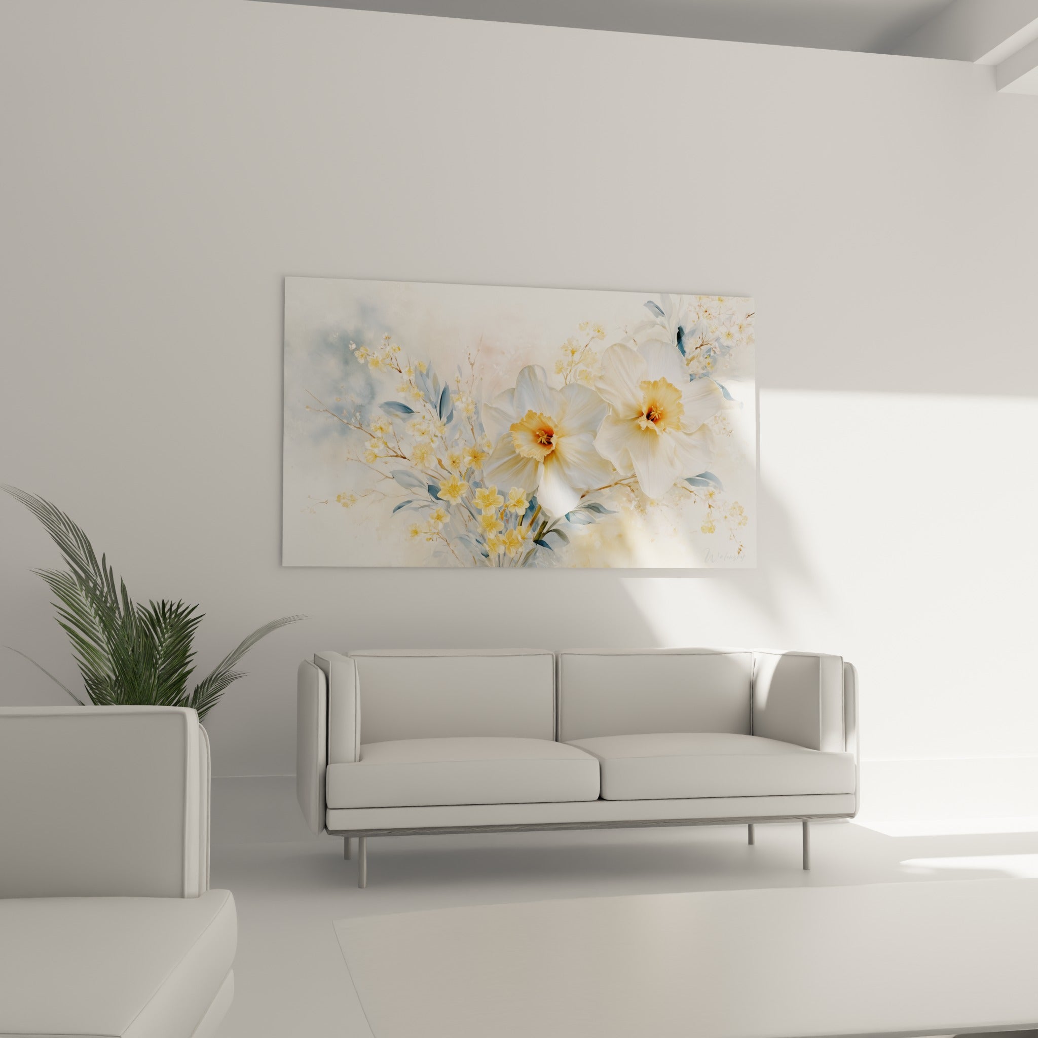 Bouquet de jonquilles blanches et jaunes accroché au-dessus d'un canapé dans un salon lumineux