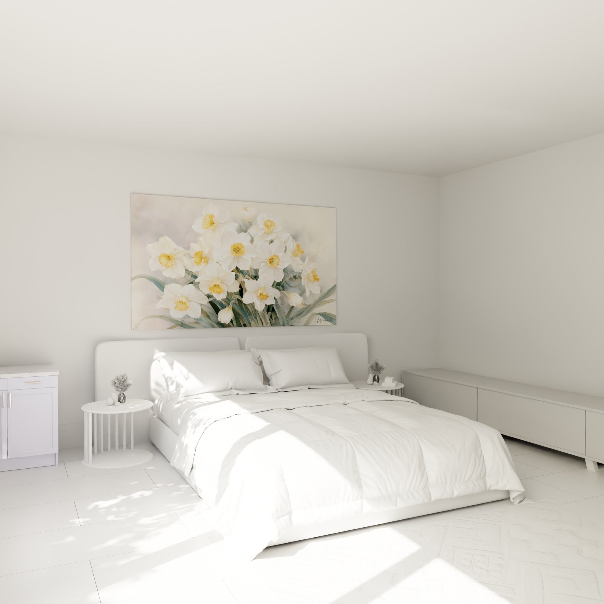 Bouquet de jonquilles blanches et orangées suspendu au-dessus d'un lit dans une chambre claire
