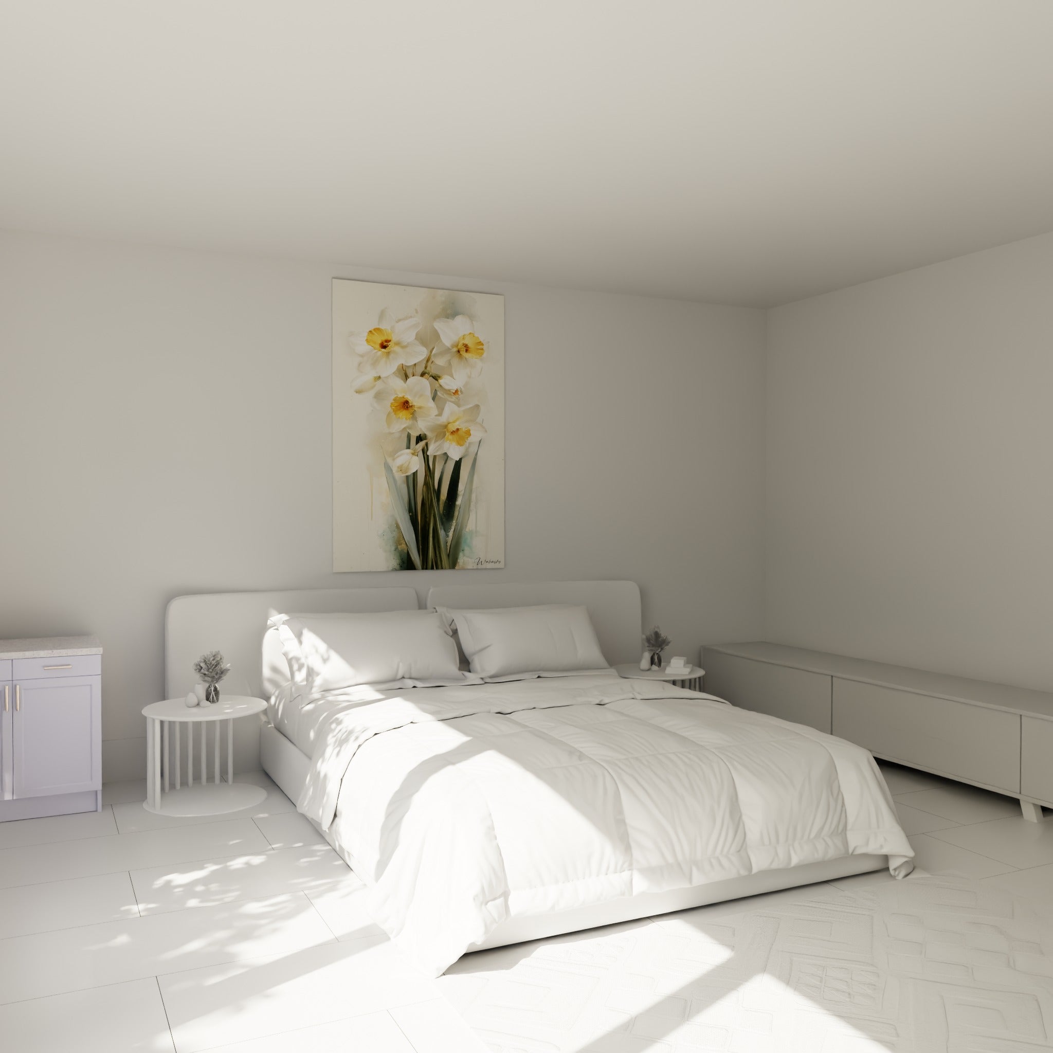 Bouquet de jonquilles blanches et dorées en aquarelle, accroché au-dessus d'un lit dans une chambre claire