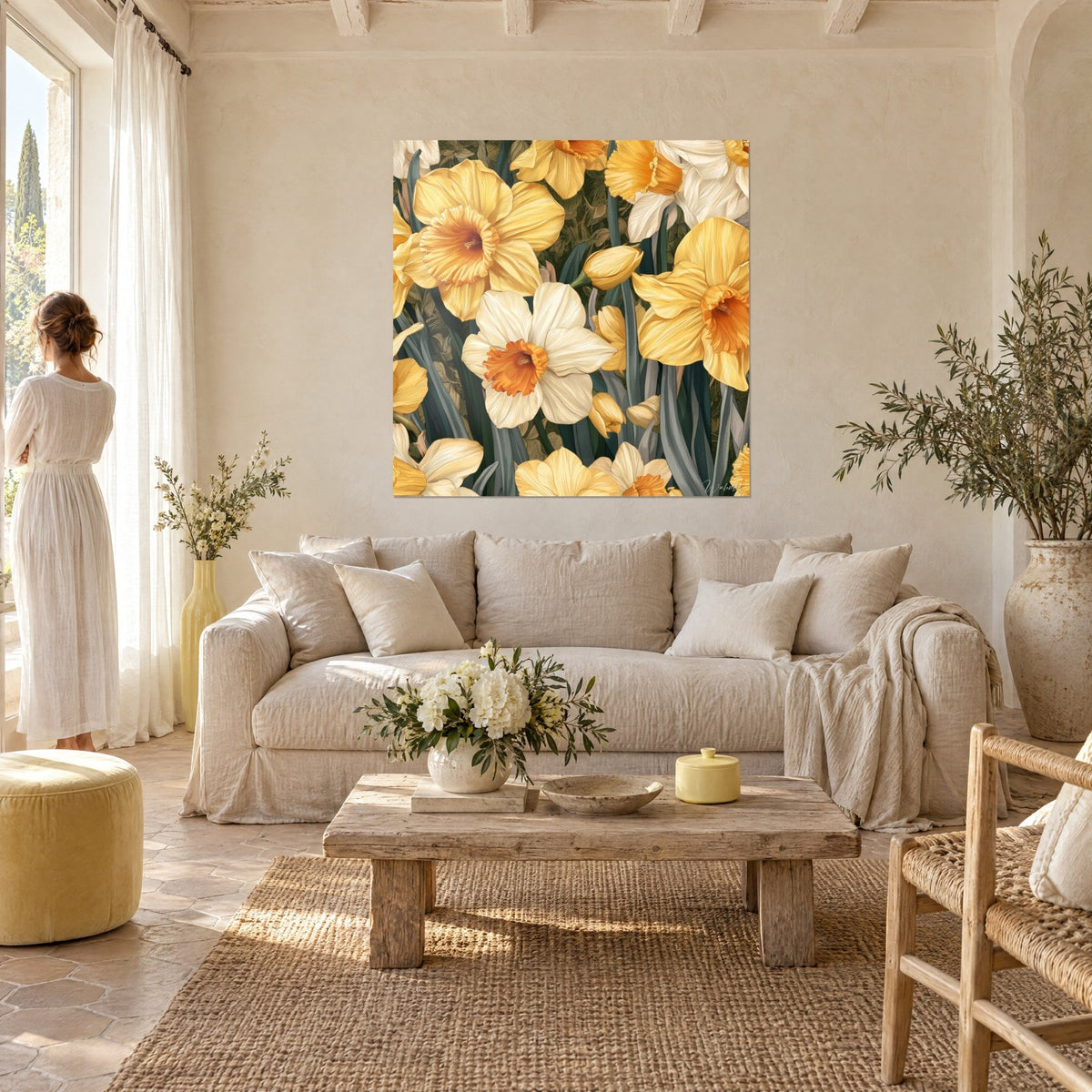 Quadro narcisi giallo burro e bianco crema con cuori arancioni, donna di spalle, sopra un divano in un soggiorno luminoso