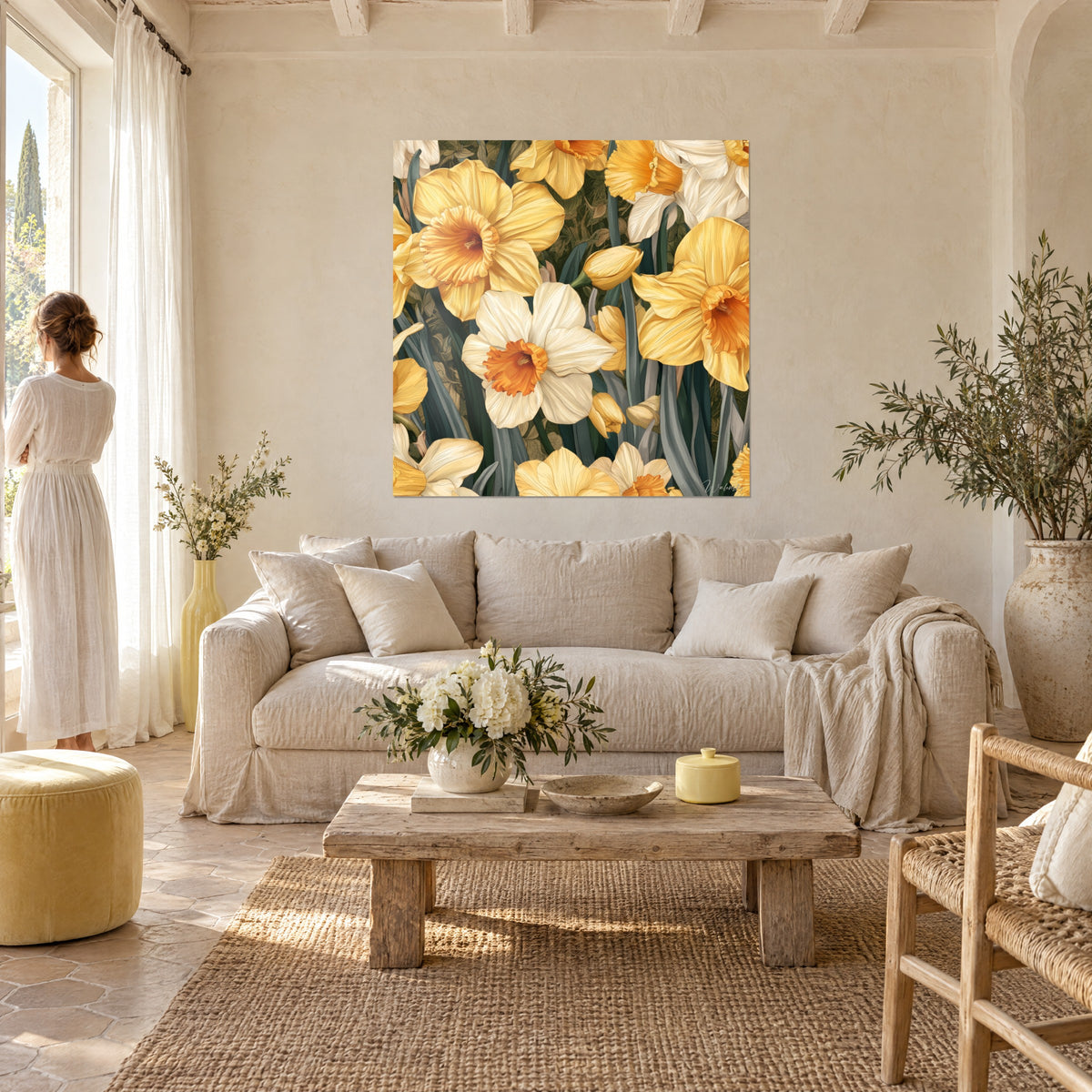 Schilderij narcissen in boterkleur geel en crèmewit met oranje harten, vrouw van achteren, boven een bank in een lichte woonkamer