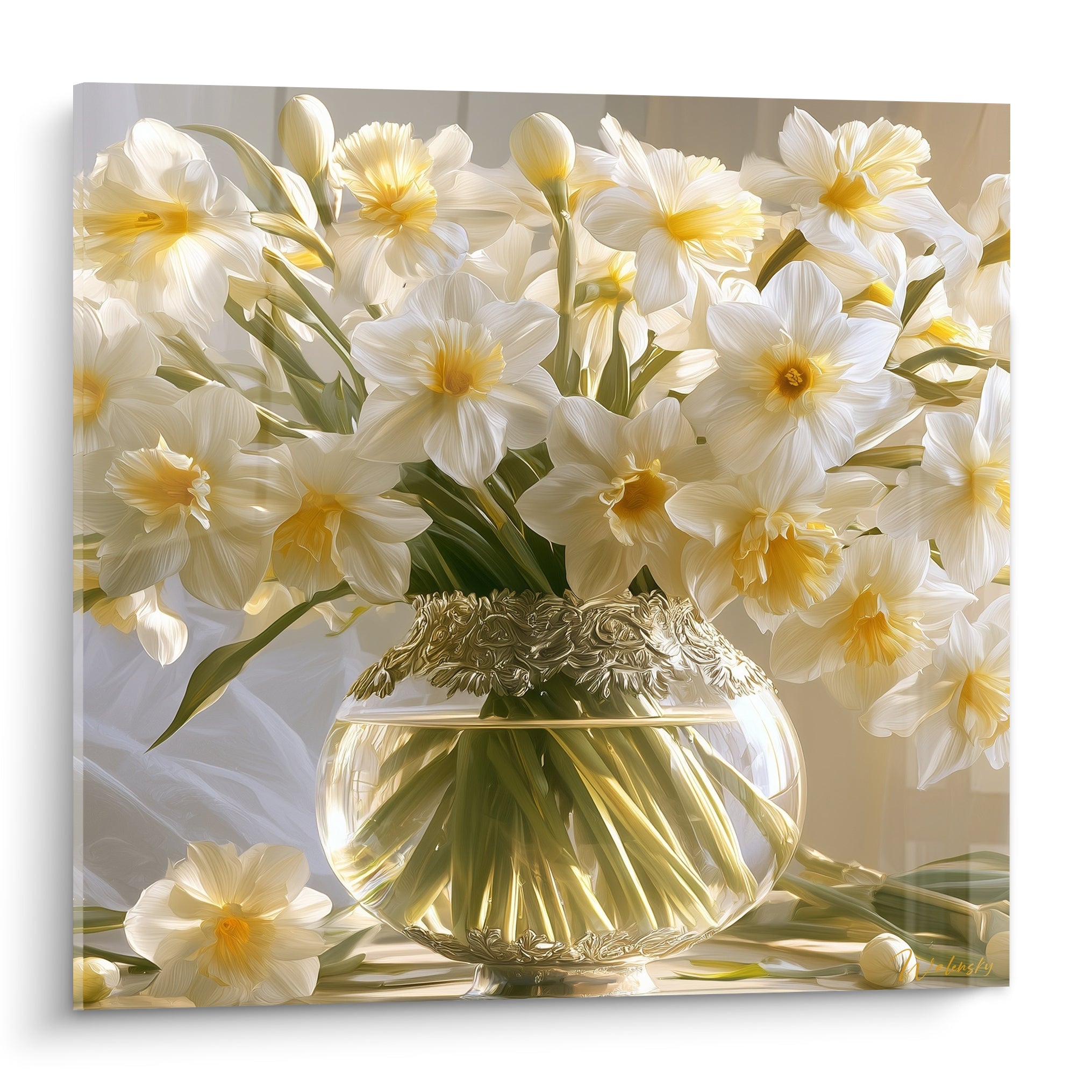 Jonquilles blanches et dorées en bouquet dense dans un vase de cristal ouvragé, lumière chaude