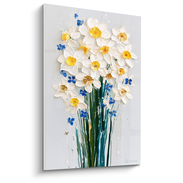 Tableau Bouquet blanc et jaune parsemé de myosotis - Petit insecte doré - Edition Jonquille