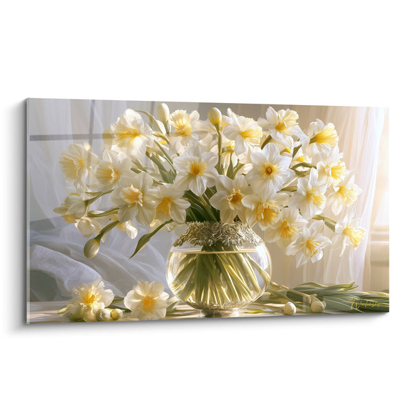 Tableau Bouquet blanc et doré en vase - Douceur printanière - Edition Jonquille