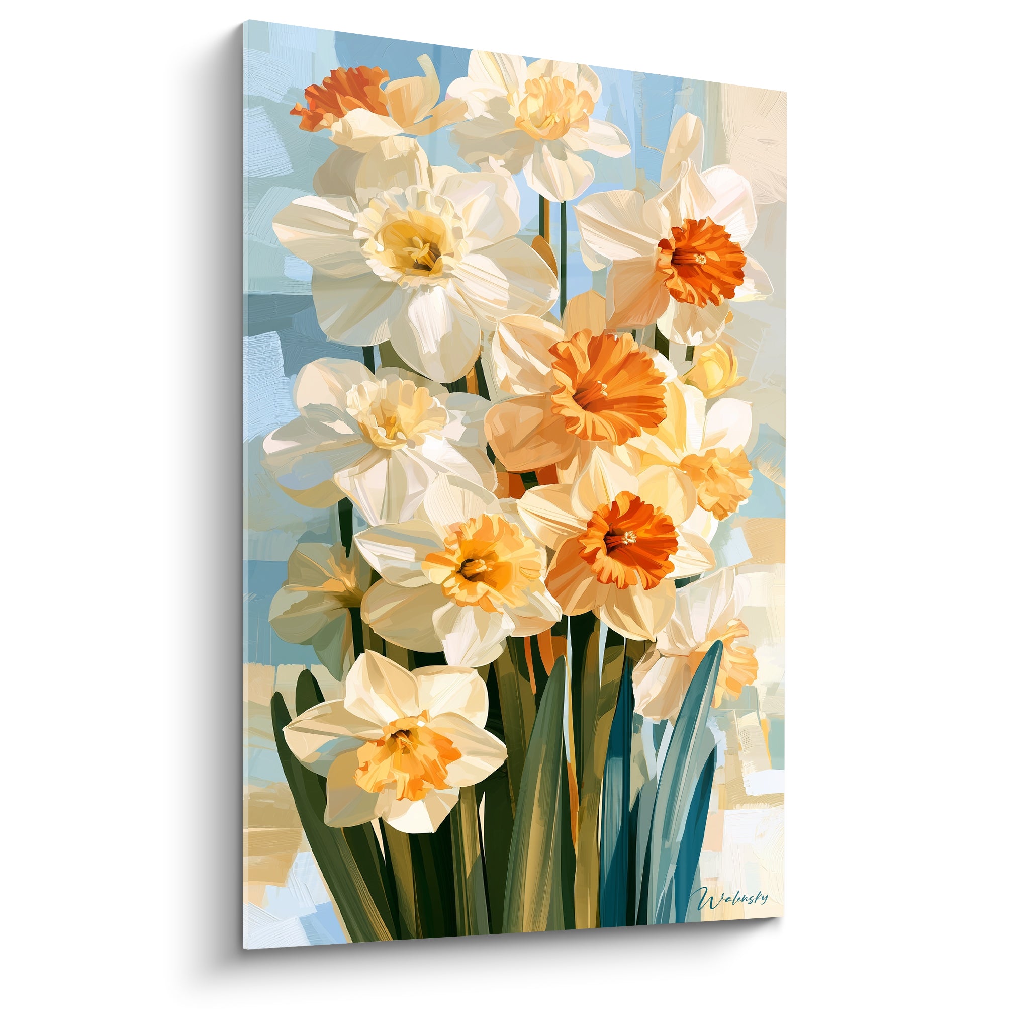 Jonquilles blanches aux cœurs orange vif peintes sur fond bleu pastel et beige texturé