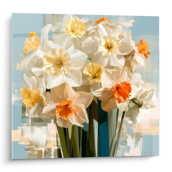 Tableau Bouquet blanc et orangé sur fond bleu pastel - Touches de peinture abstraites - Edition Jonquille
