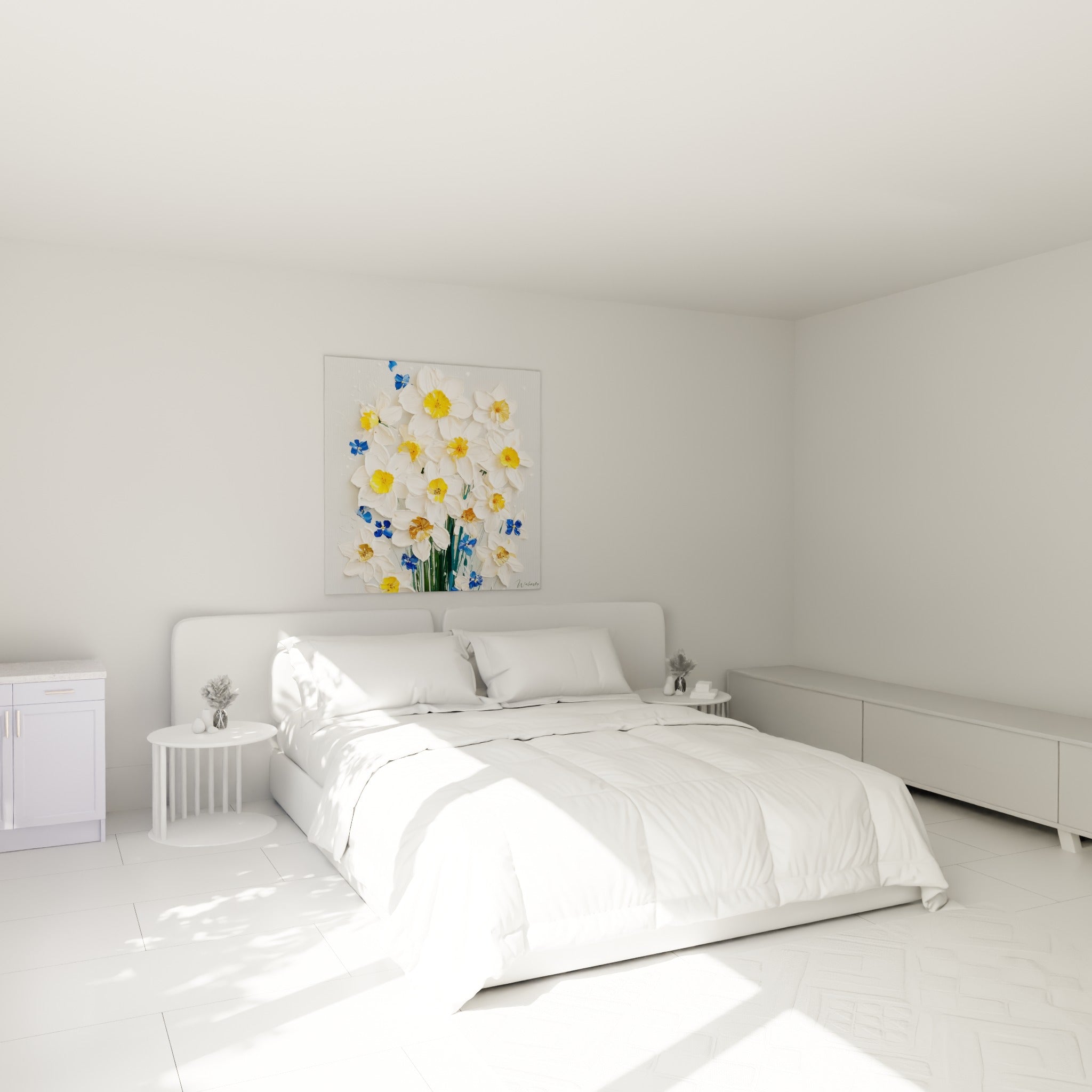 Bouquet de jonquilles blanches et jaune doré, accroché au-dessus d'un lit dans une chambre claire