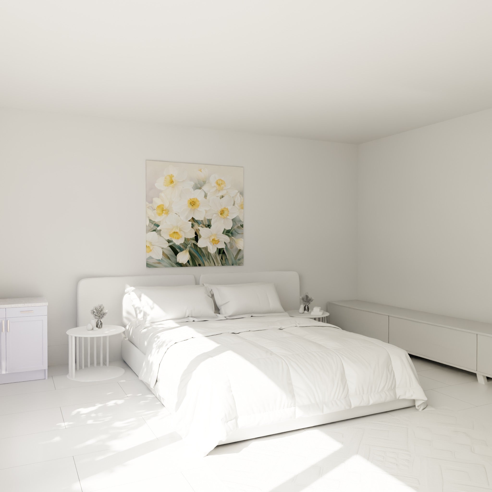 Bouquet de jonquilles blanches et orangées peint avec finesse, au-dessus d'un lit dans une chambre claire