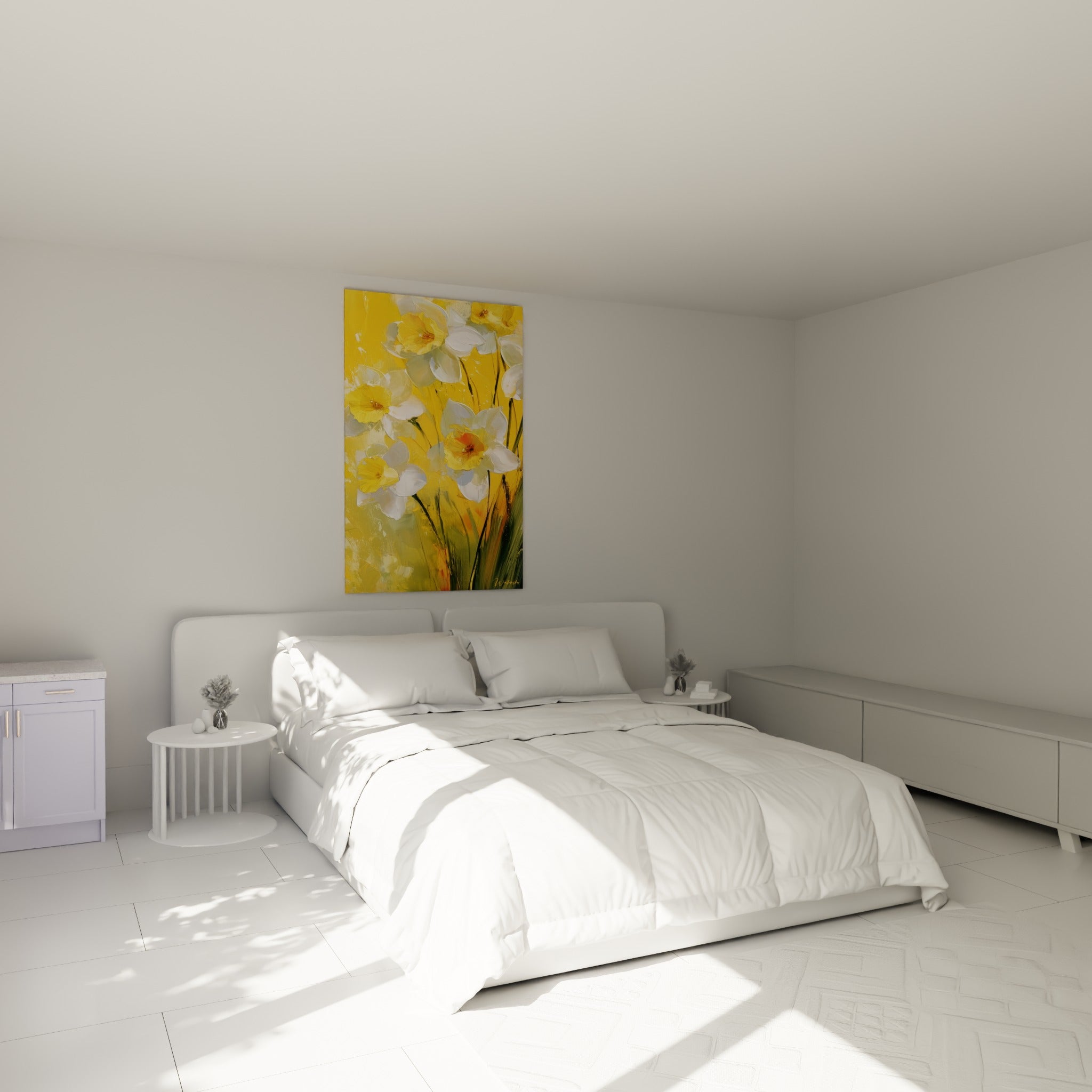 Bouquet de jonquilles blanches et dorées disposé au-dessus d'un lit dans une chambre claire