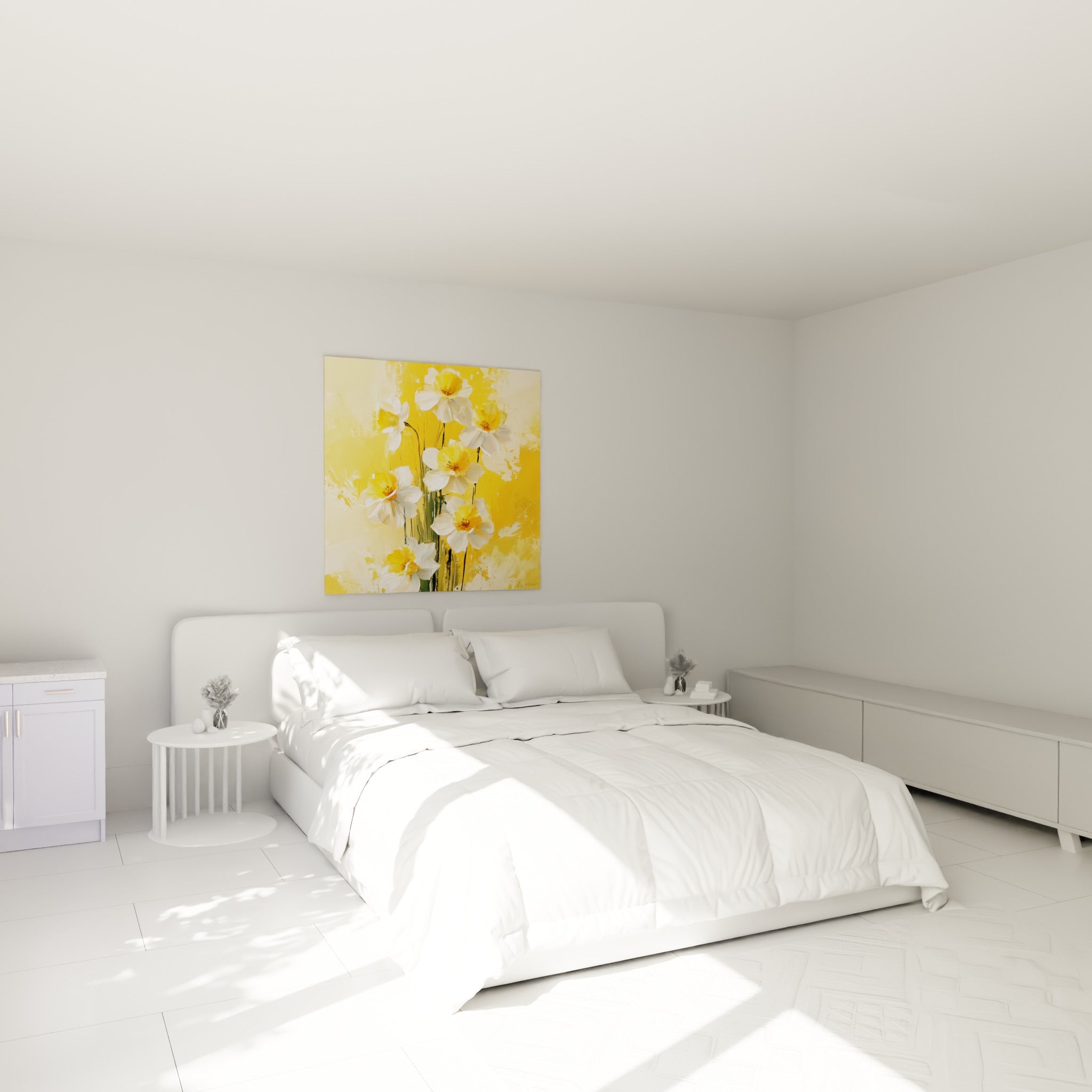 Bouquet de jonquilles blanches et dorées accroché au-dessus d'un lit dans une chambre claire