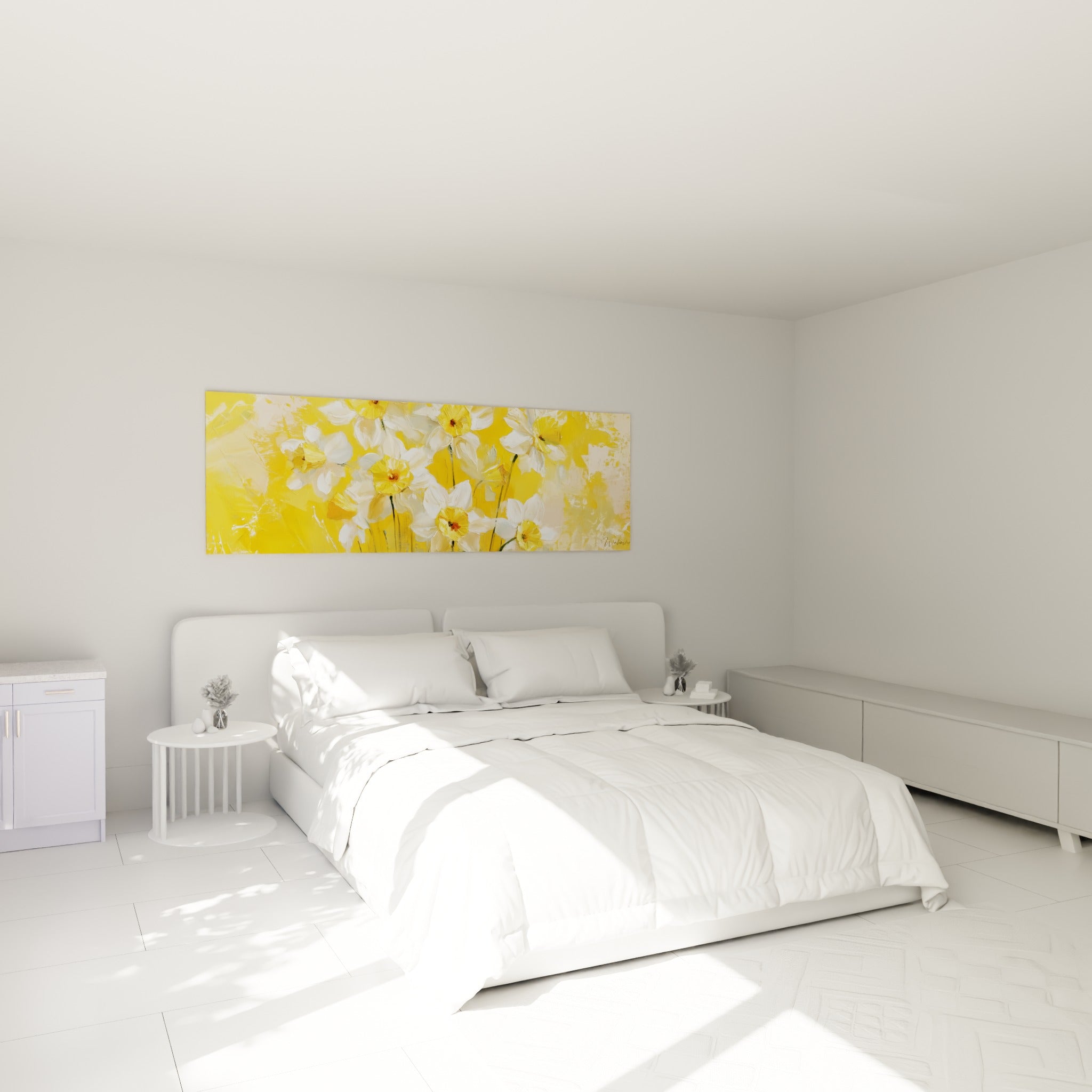 Bouquet de jonquilles jaune et blanc texturé, accroché au-dessus d'un lit dans une chambre claire