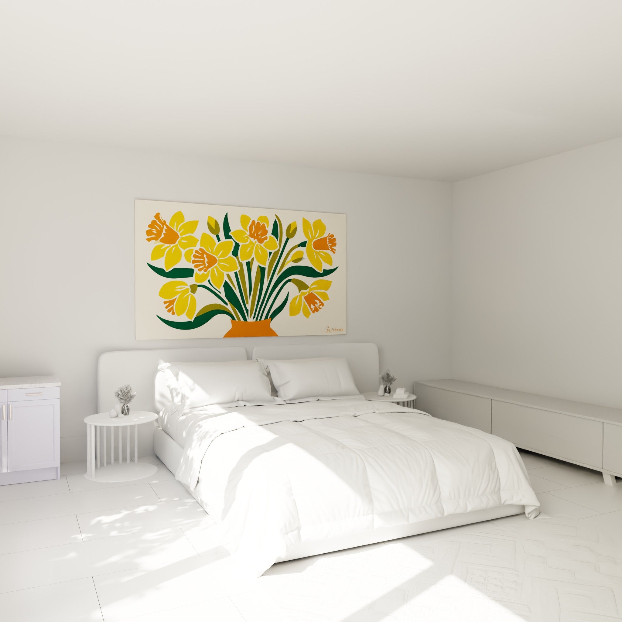 Bouquet de jonquilles jaunes et vertes, tableau accroché au-dessus d'un lit dans une chambre claire