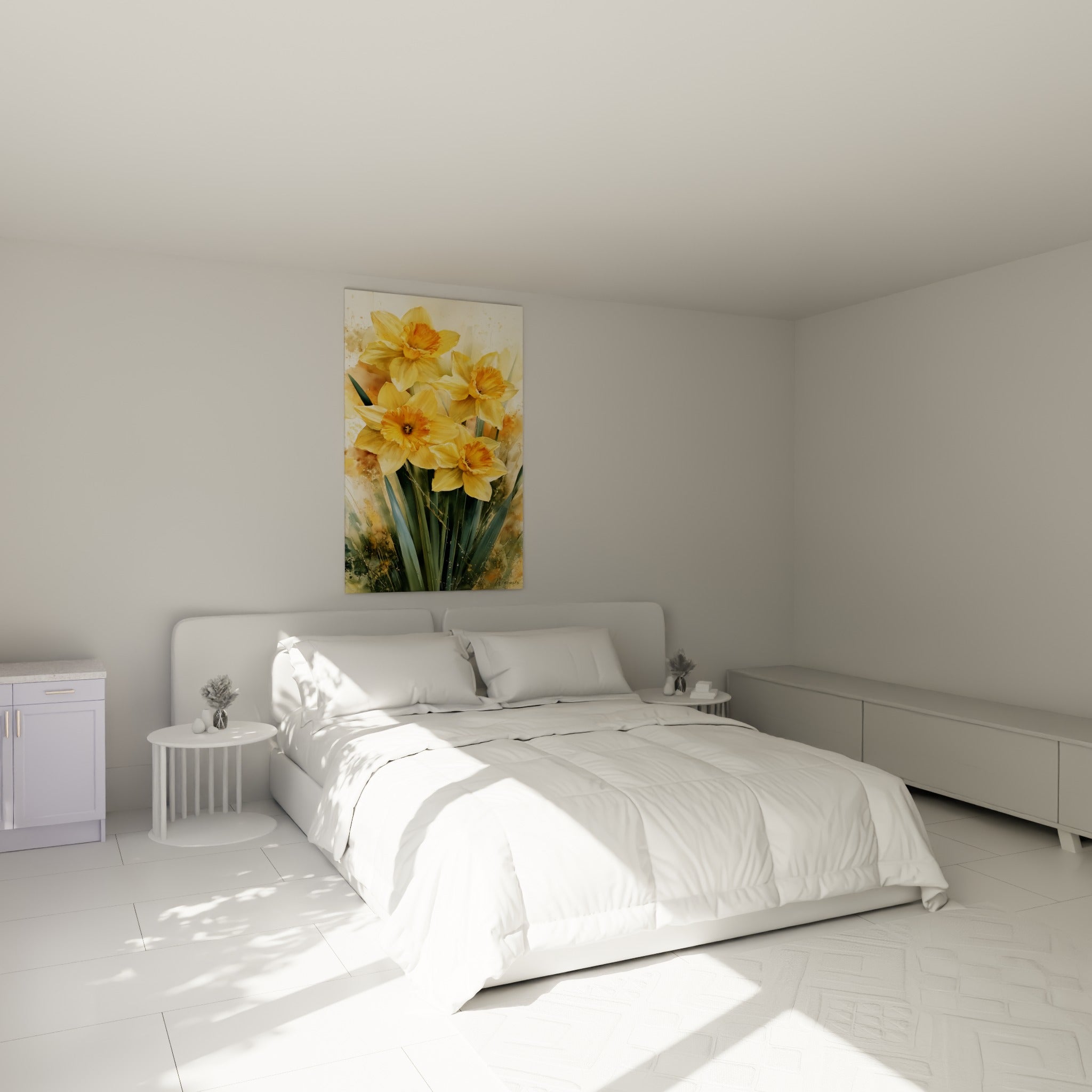 Bouquet de jonquilles jaunes et orangées accroché au-dessus d'un lit dans une chambre claire