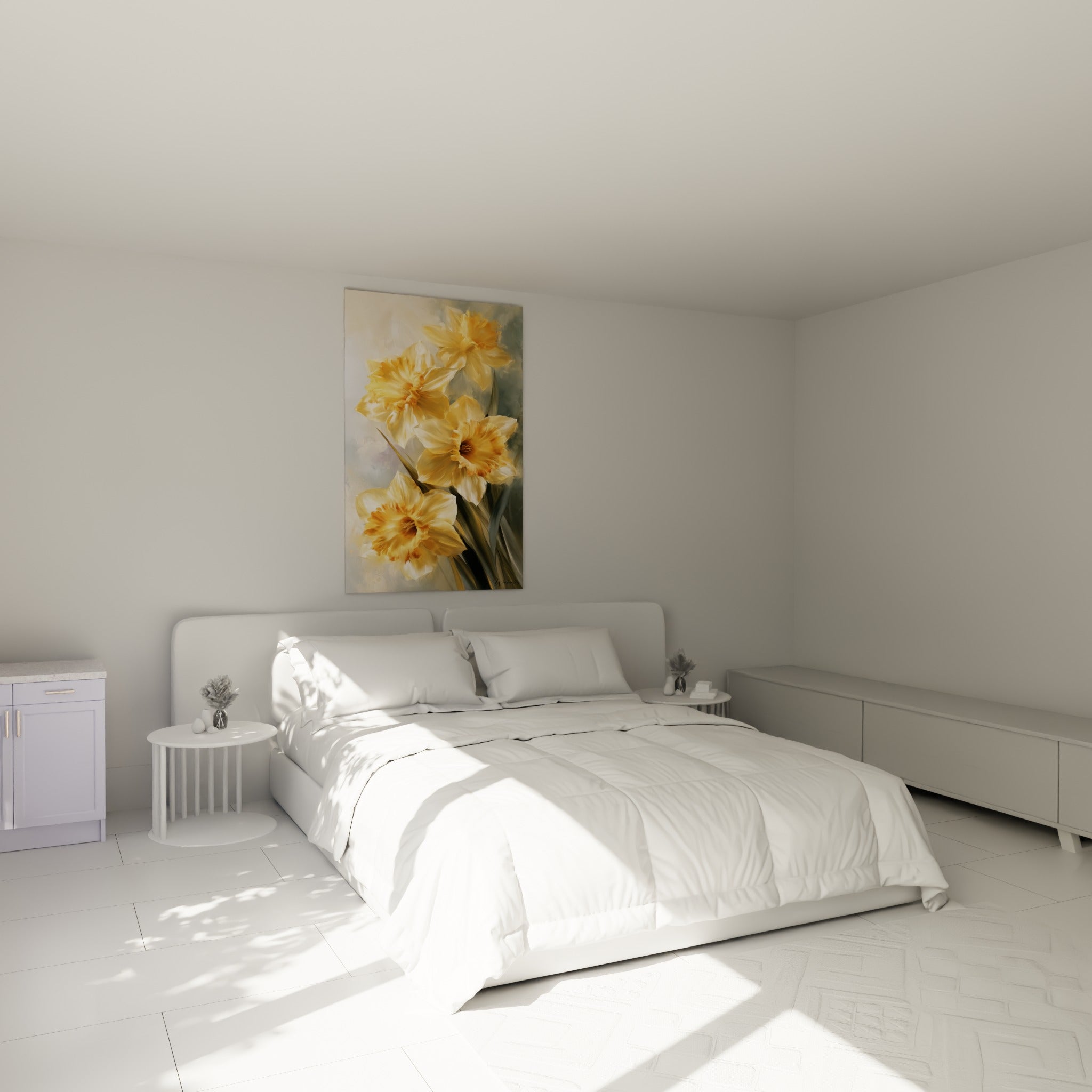 Bouquet de jonquilles ivoire et orangées accroché au-dessus d'un lit dans une chambre claire