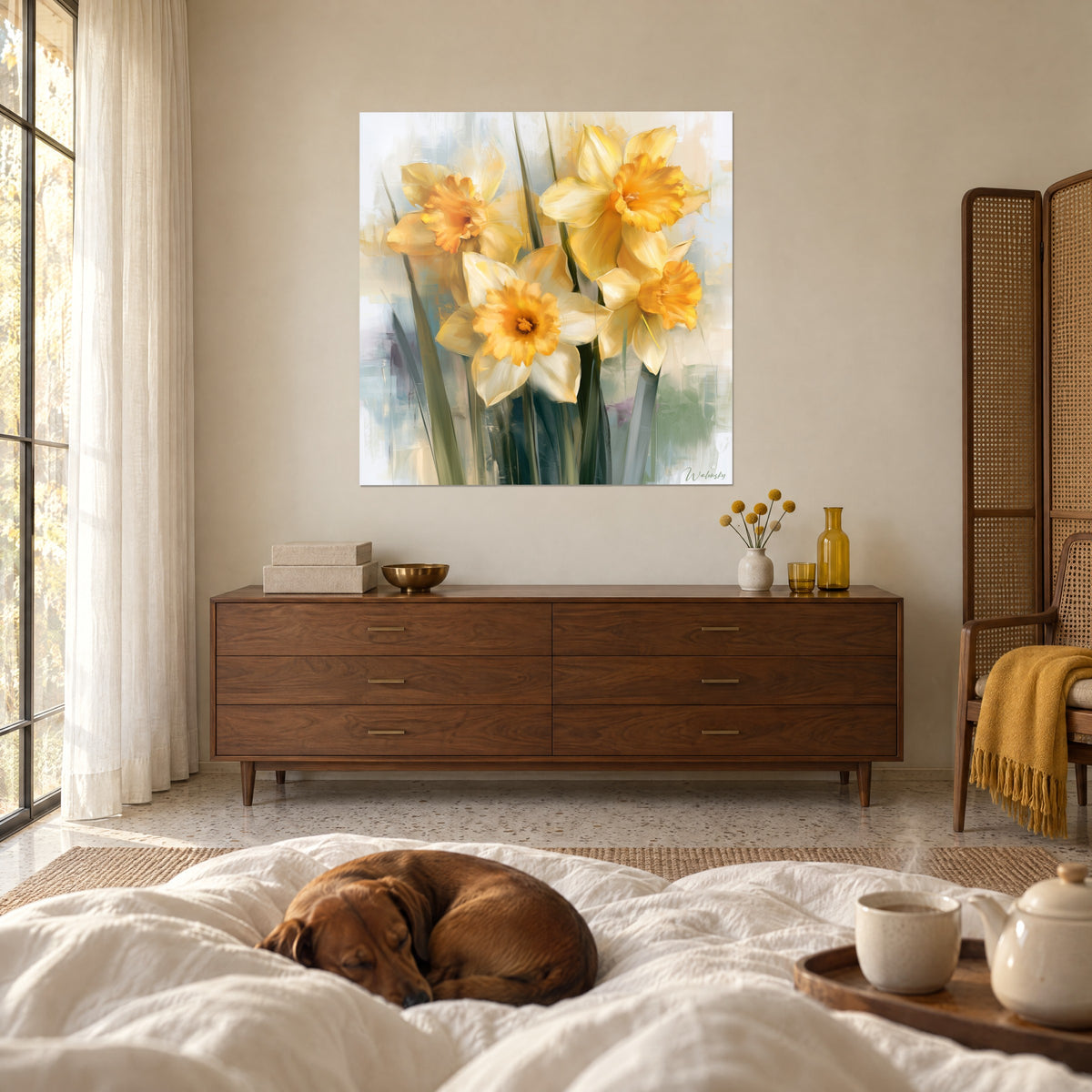 Quadro bouquet di narcisi giallo sole e bianco avorio, steli verde scuro, appeso sopra un letto in una camera luminosa