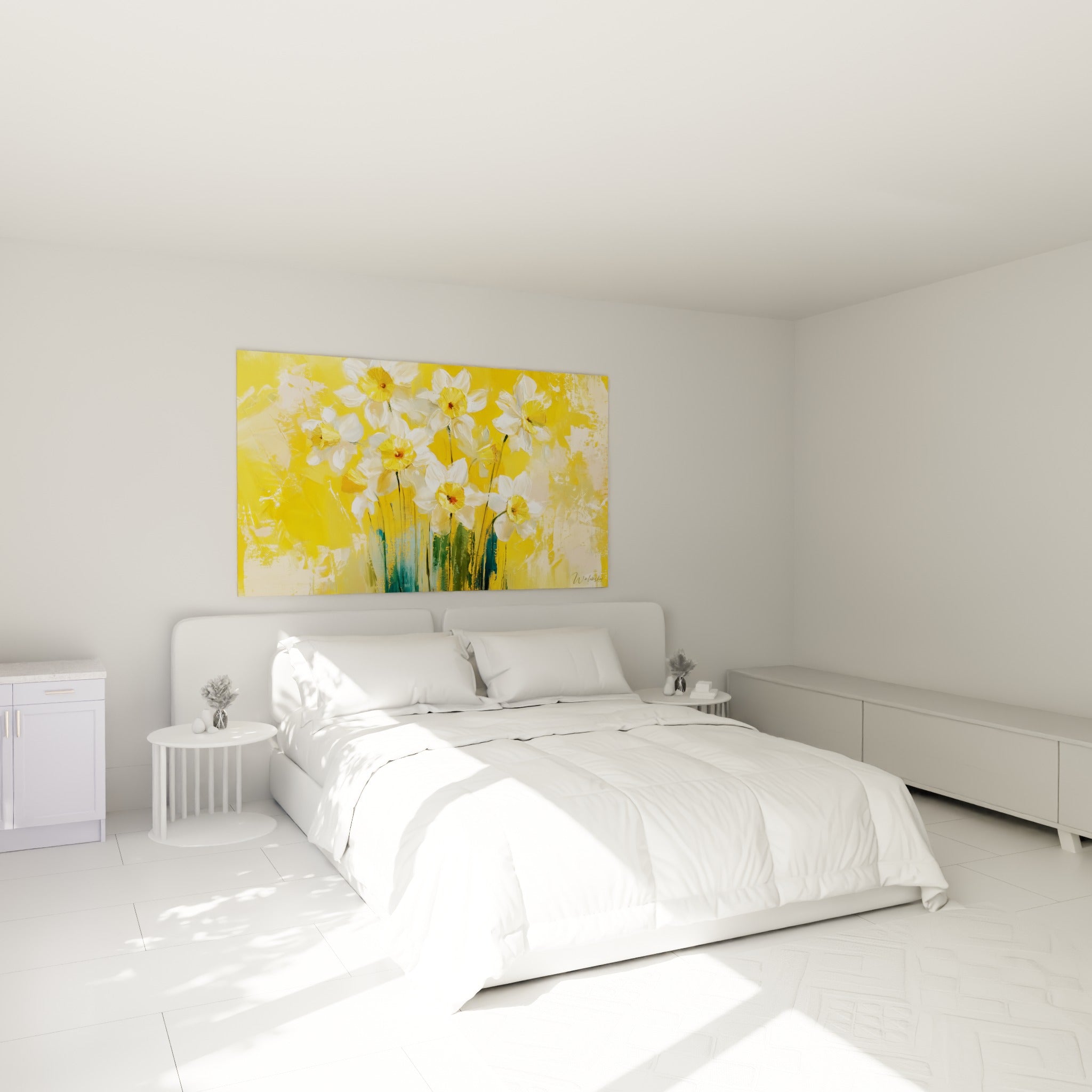 Bouquet de jonquilles blanches aux cœurs jaunes au-dessus d'un lit dans une chambre claire