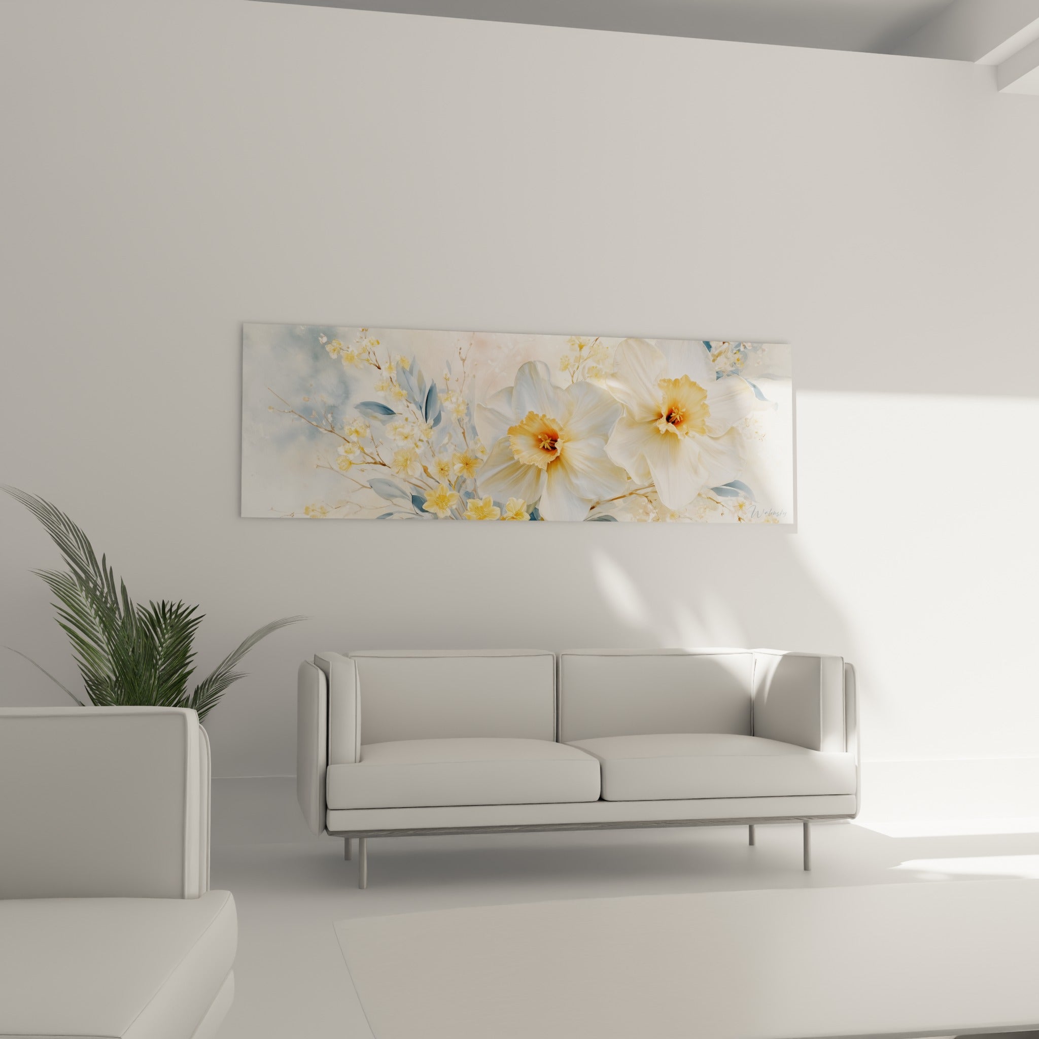 Bouquet de jonquilles blanches et jaunes sur fond rosé, au-dessus d'un canapé dans un salon lumineux