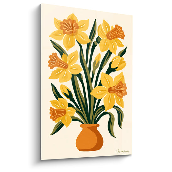 Tableau Vase terracotta jaune et orange bombé - Feuilles vert sombre effilées - Edition Jonquille