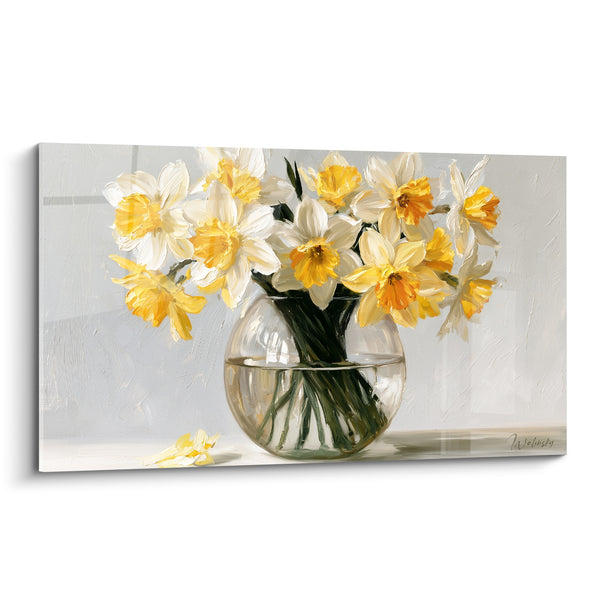 Tableau Vase sphérique blanc et jaune près d'un pétale tombé - Bocal en verre transparent - Edition Jonquille