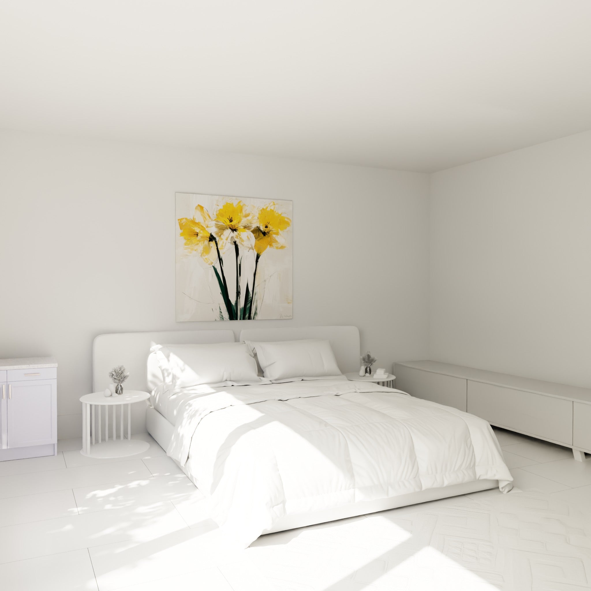 Fleurs de jonquille jaune safran et vert foncé disposées au-dessus d'un lit dans une chambre claire